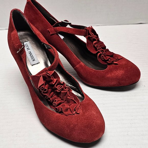 Steve Madden INGGA High Heel Red Suede Leather Womens Shoes Ruffle Front - Picture 1 of 16